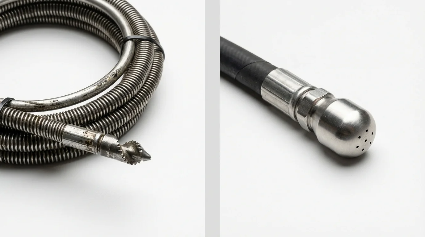Drain snake cable and hydro jetting nozzle used for drain cleaning in Hemphill, TX