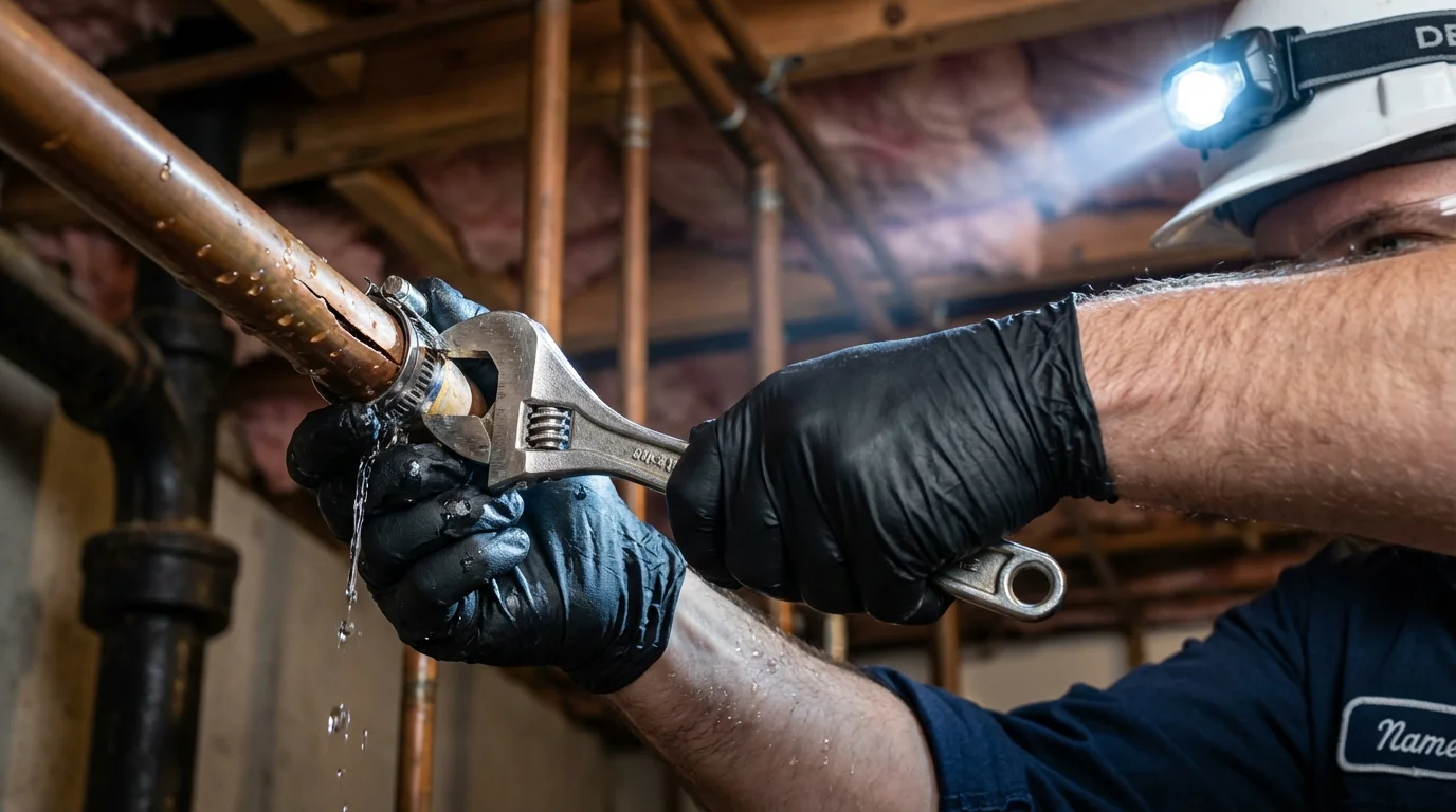 Emergency pipe clamp repair being performed by a Johns Plumbing LLC plumber in Hemphill