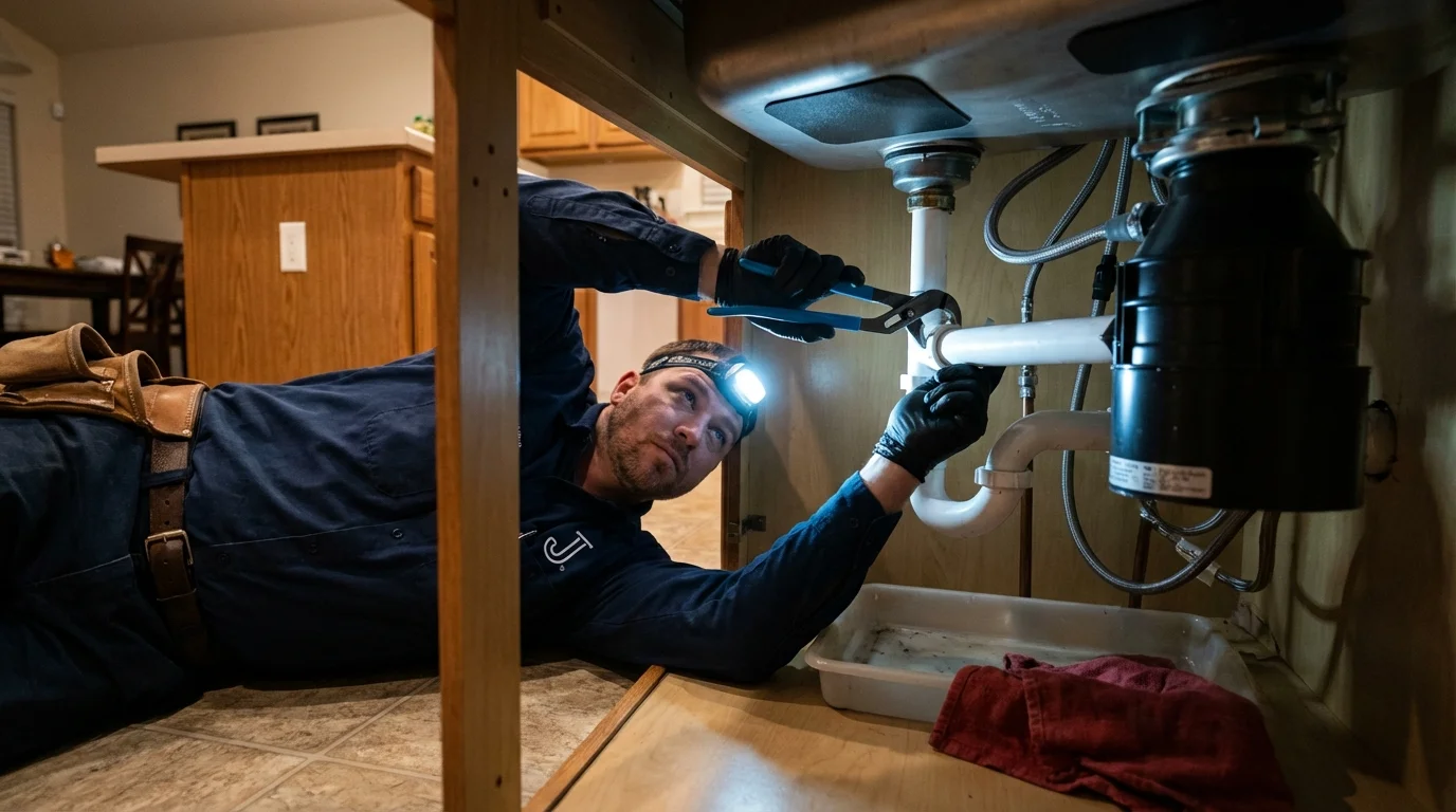 P-trap and supply line connections under a kitchen sink showing a common leak point in Hemphill, TX